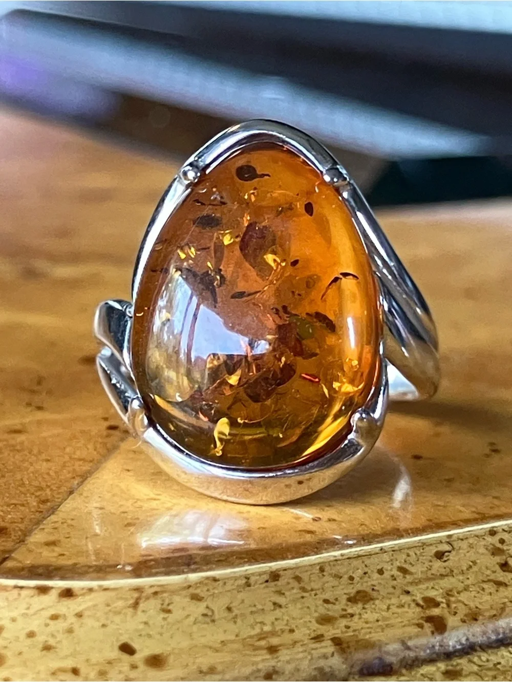 Genuine Amber Sterling Silver Ring Size 6